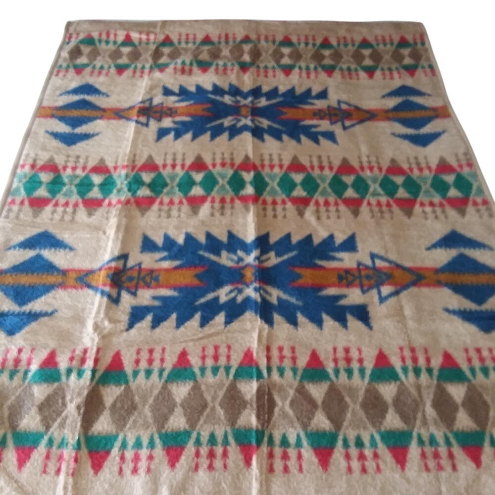 Southwestern Aztec‎ Style Throw German Made Blanket Beige Blue Accent 57x76
